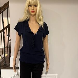 I Crew Ruffle-Trim Navy Short Sleeve V-Neck Knit Blouse